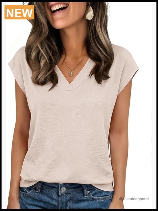 Tops - Cap Sleeve Textured V Neck Blouse Business Casual